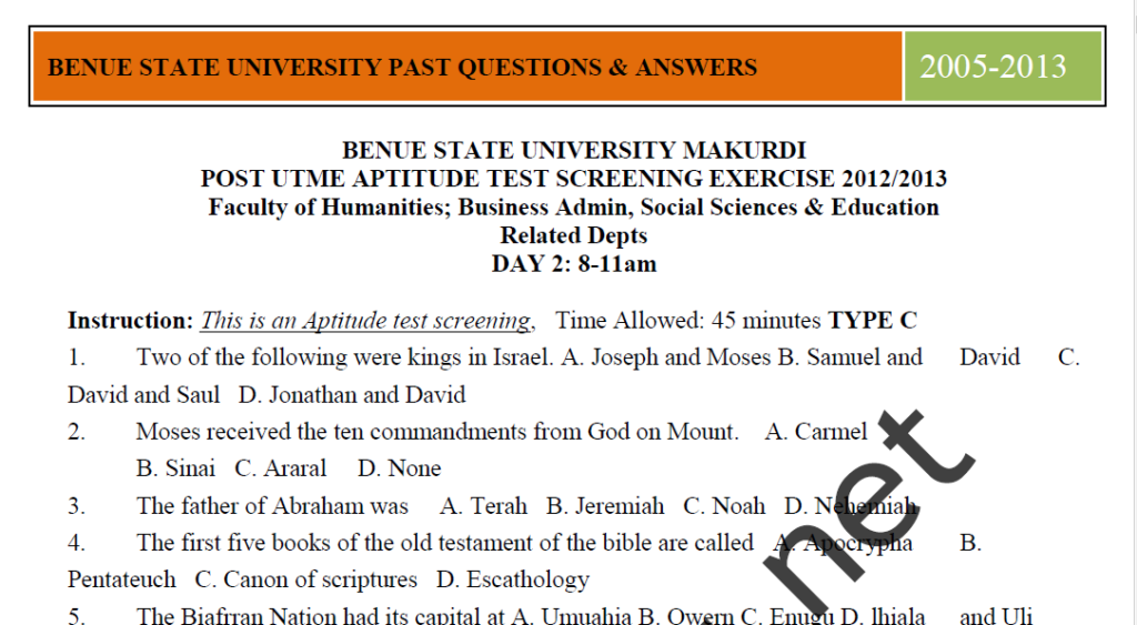 BSU Post UTME Sample Questions and Answers