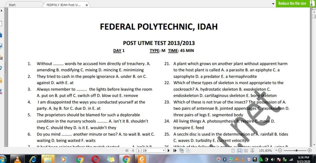 Federal Poly Idah Post UTME Past Questions and Answers