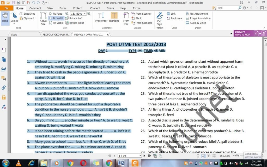 Offapoly Post UTME Past Questions and Answers PDF