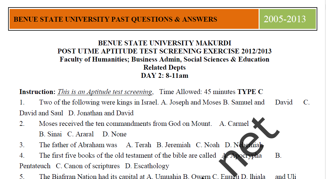 BSU Post UTME Past Questions And Answers Free PDF Download.