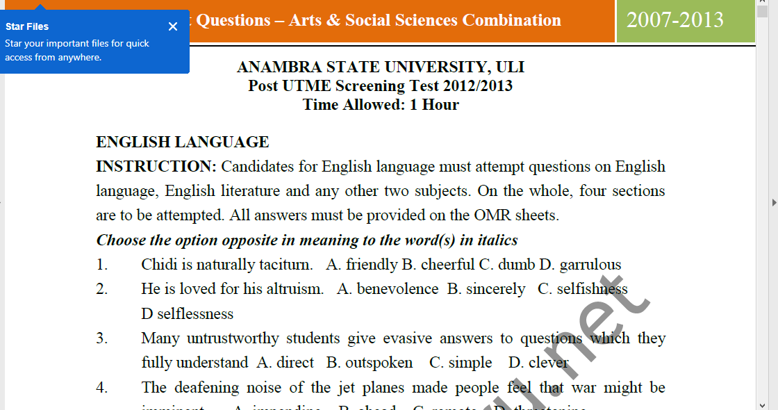 COOU ANSU Post UTME Past Questions and Answers Free PDF