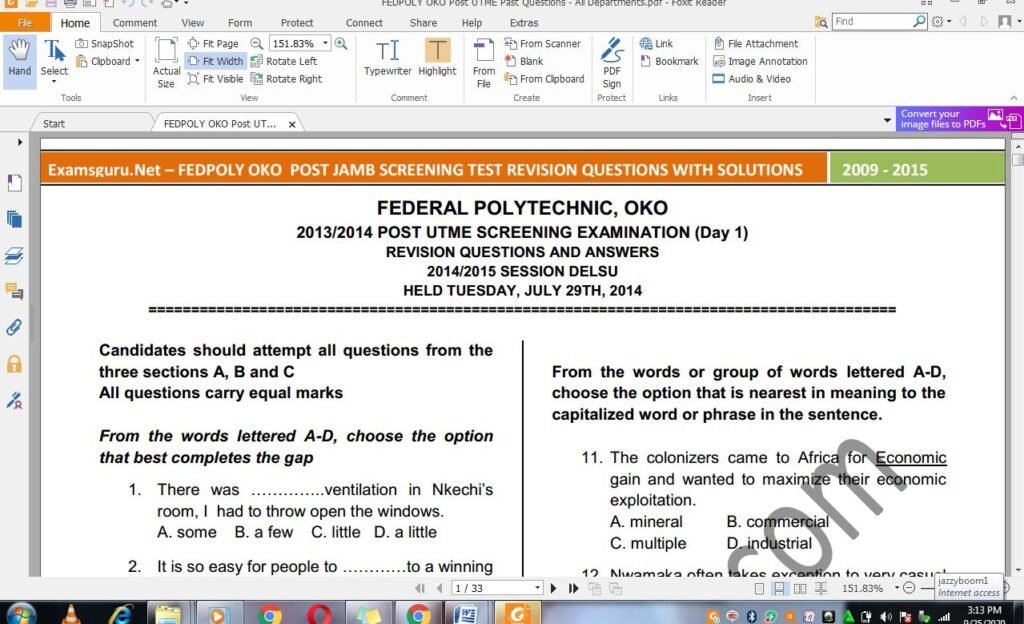 Federal Poly Oko Post UTME Past Questions and Answers