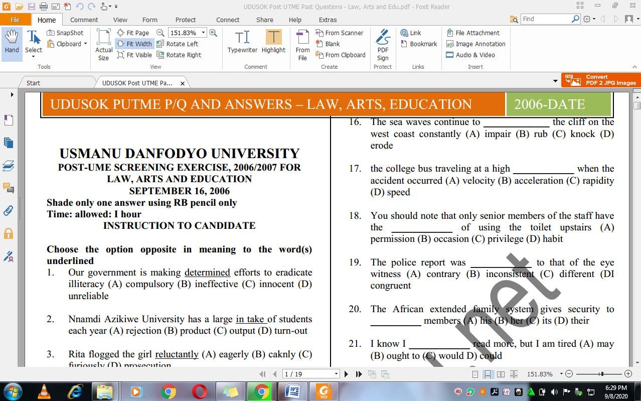 UDUSOK Post UTME Past Questions and Answers