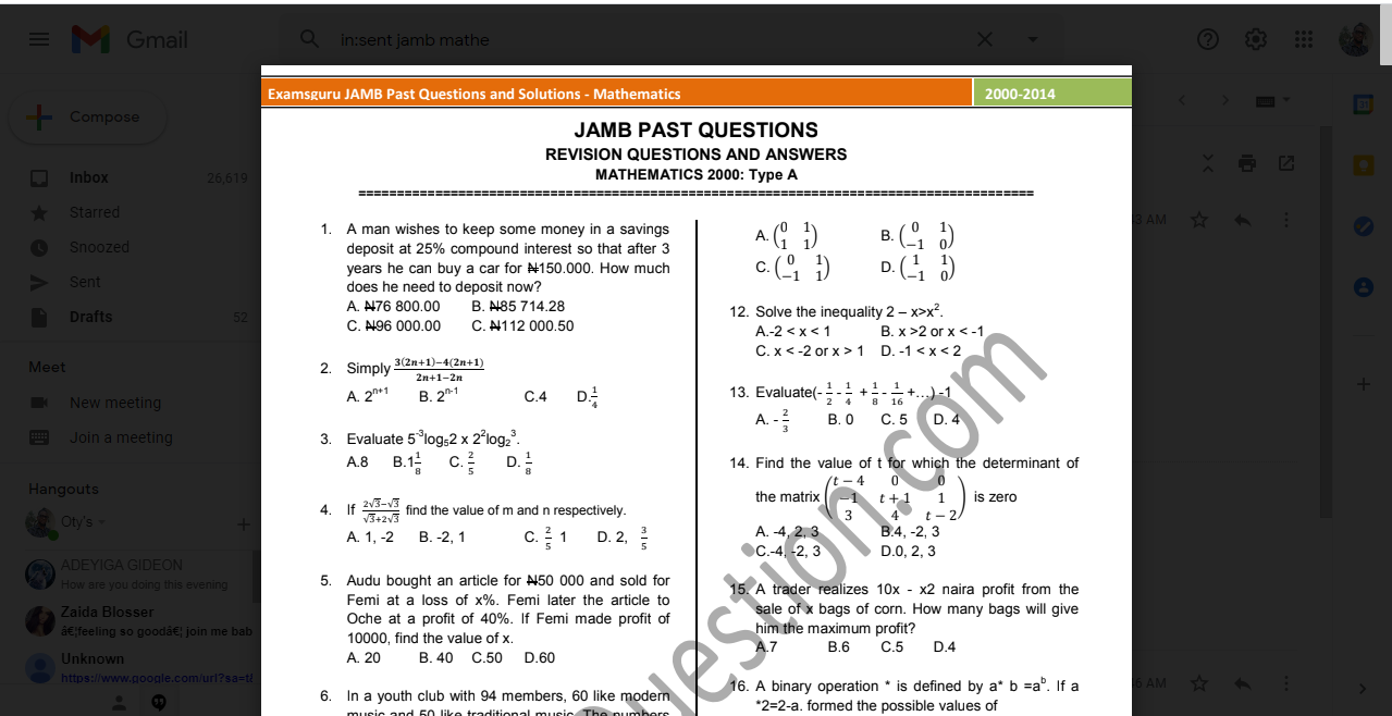 JAMB Mathematics Past Questions and Answers Download PDF